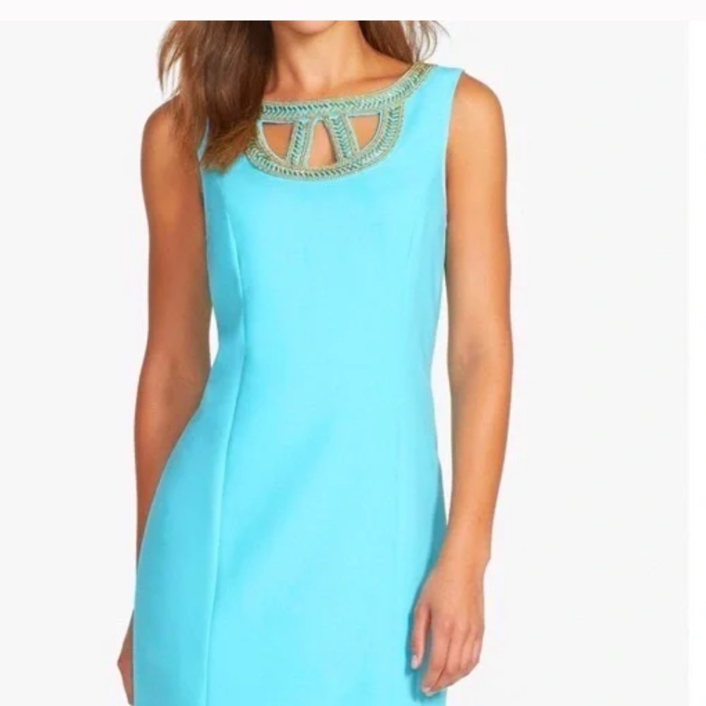 Lilly Pulitzer Shorely Blue Sleeveless Beaded Lane Shift Dress With Exposed Zip